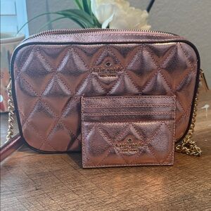 NWOT Kate Spade Metallic Pink Quilted Crossbody Bag and Cardholder